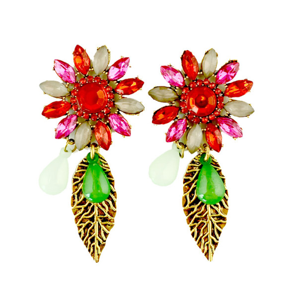 E-3184 Vinatge Style Antique Bronze Alloy Colorful Crystal Rhinestone Leaf  Shourouk Dangle Long Earrings Brinco