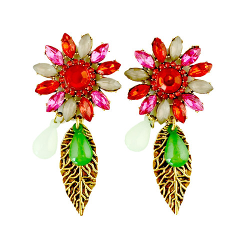E-3184 Vinatge Style Antique Bronze Alloy Colorful Crystal Rhinestone Leaf  Shourouk Dangle Long Earrings Brinco
