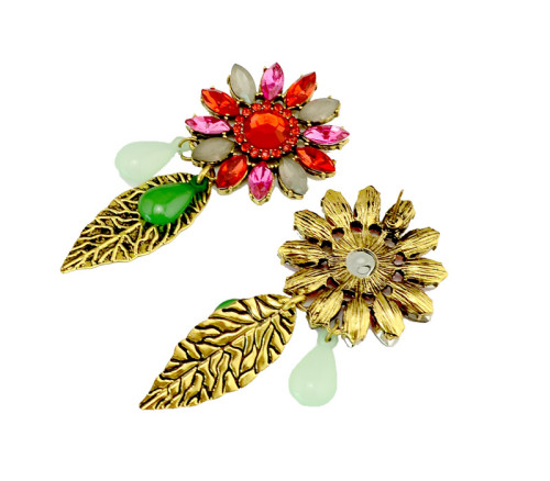 E-3184 Vinatge Style Antique Bronze Alloy Colorful Crystal Rhinestone Leaf  Shourouk Dangle Long Earrings Brinco
