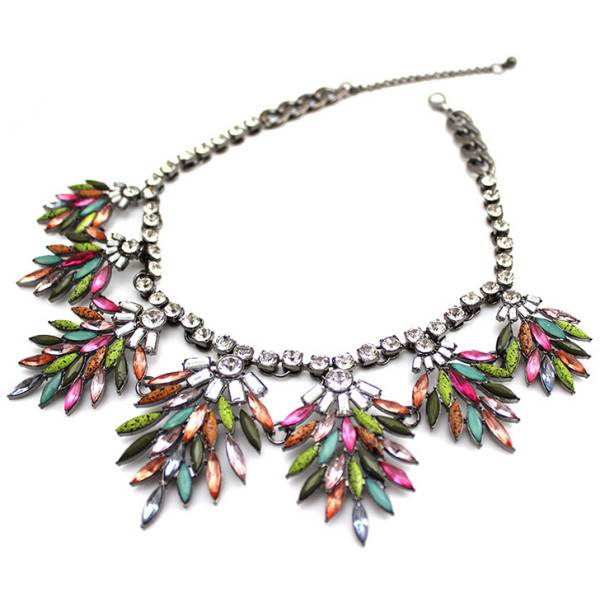 N-3981 European Style Gun Black Alloy Colorful Crystal Resin Gem Leaf Shourouk Choker Necklace