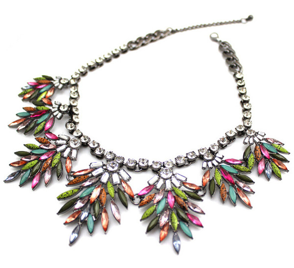 N-3981 European Style Gun Black Alloy Colorful Crystal Resin Gem Leaf Shourouk Choker Necklace