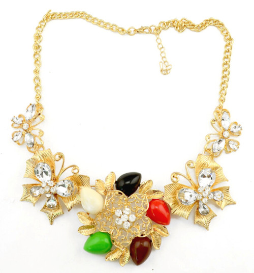 N-3986  2014 gold plated link chain white/black/colorful crystal resin flower choker necklace