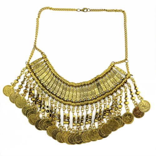 N-3984 2014 Bohemia Vintage Style Golden Silver Zamac Jewelry Handcraft Carving Metal Coin Fringe Statement Necklace