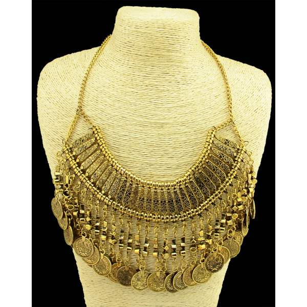 N-3984 2014 Bohemia Vintage Style Golden Silver Zamac Jewelry Handcraft Carving Metal Coin Fringe Statement Necklace