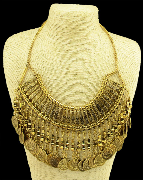 N-3984 2014 Bohemia Vintage Style Golden Silver Zamac Jewelry Handcraft Carving Metal Coin Fringe Statement Necklace