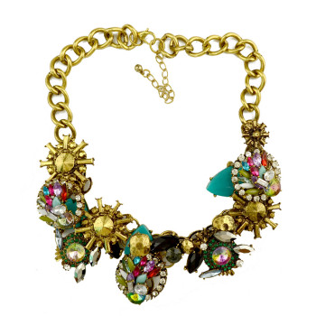 N-3982 European Vintage Style Golden Colorful Rhinestone Resin Gem Flower Choker Statement Necklace