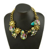 N-3982 European Vintage Style Golden Colorful Rhinestone Resin Gem Flower Choker Statement Necklace