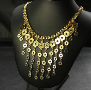 N-3997 Famous brand name gold flat chain necklace geometry, gradient hexagon shiny screw long pendant fringe necklace