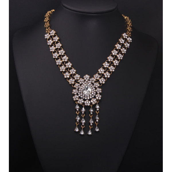 N-3942  European vintage brand bronze flower chain blue/clear crystal big water drop tassel chunky shourouk necklace