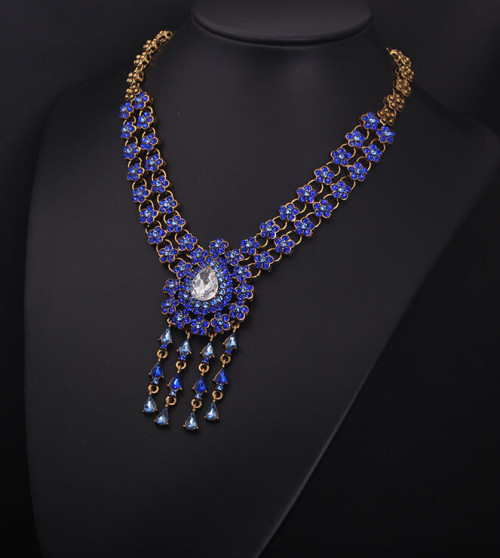 N-3942  European vintage brand bronze flower chain blue/clear crystal big water drop tassel chunky shourouk necklace