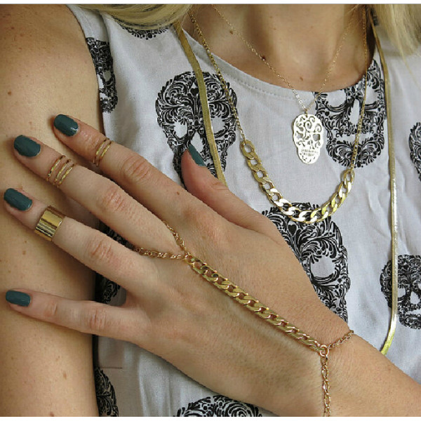 B-0386 European style link flat chain womens gold charmed bracelet with ring
