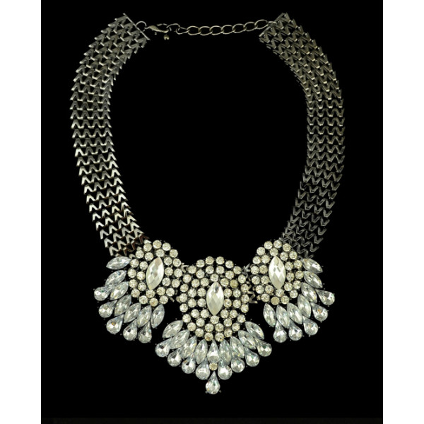 N-5022  Bohemian necklace,fashion brand luxury jewelery,gun black/ gold wide snake chain necklace,faceted three row clear rainbow drop rhinestone crystal statement,ethnic necklace