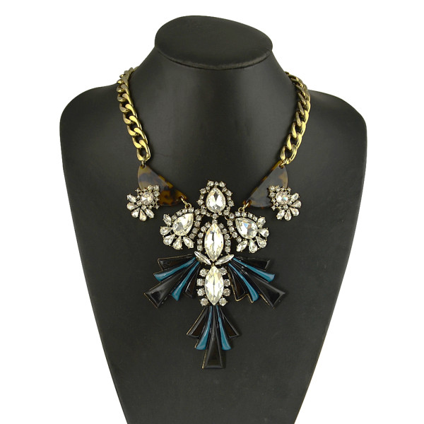 N-5031  European  Style Thick Bronze Chain Clear  Stones Water Drop Geometry Jade Choker Chunky Statement Pendant Necklace