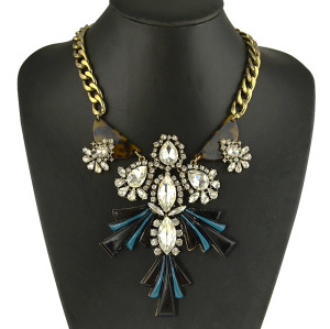 N-5031  European  Style Thick Bronze Chain Clear  Stones Water Drop Geometry Jade Choker Chunky Statement Pendant Necklace