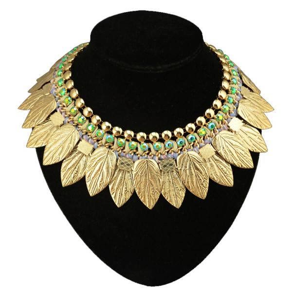 N-3550 Fashion European Style Gold Plated Metal Leaf Blur Rhinestone Choker Bib Statement Necklace