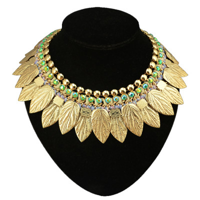 N-3550 Fashion European Style Gold Plated Metal Leaf Blur Rhinestone Choker Bib Statement Necklace