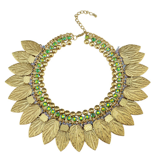 N-3550 Fashion European Style Gold Plated Metal Leaf Blur Rhinestone Choker Bib Statement Necklace