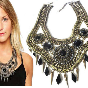 N-5047 Bohemia style vintage gold wide chunky chain facted acrylic blue black beads woven choker statement necklace