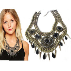 N-5047 Bohemia style vintage gold wide chunky chain facted acrylic blue black beads woven choker statement necklace