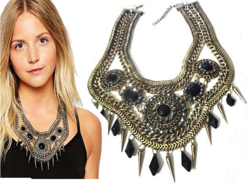 N-5047 Bohemia style vintage gold wide chunky chain facted acrylic blue black beads woven choker statement necklace
