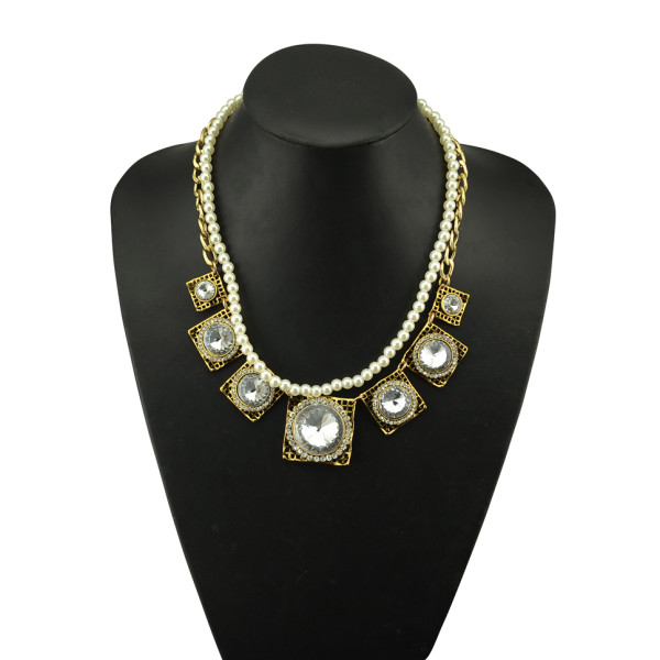 N-5060 Golden  Geometry Square Rhinestone Crystal Flower Pendant Double Metal Pearl Chain Necklace