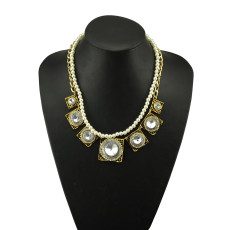 N-5060 Golden  Geometry Square Rhinestone Crystal Flower Pendant Double Metal Pearl Chain Necklace