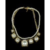N-5060 Golden  Geometry Square Rhinestone Crystal Flower Pendant Double Metal Pearl Chain Necklace