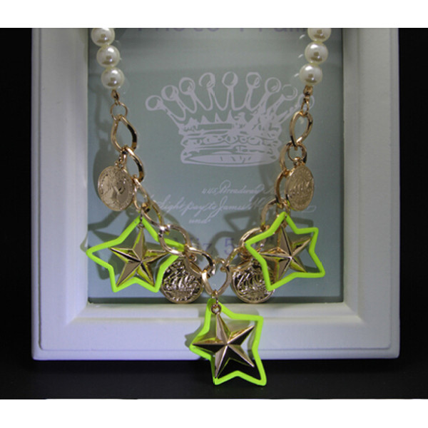 N-5057  Euroean style gold plated pearl chain  round mental coin head star neon color  statement pendant & necklace
