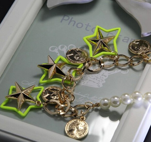 N-5057  Euroean style gold plated pearl chain  round mental coin head star neon color  statement pendant & necklace