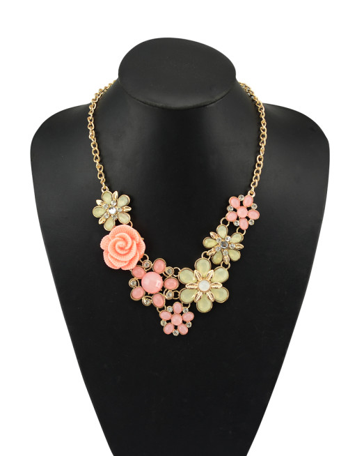N-5065  Euroean style gold plated chain colorful acrylic gemstone crystal flower statement pendant & necklace