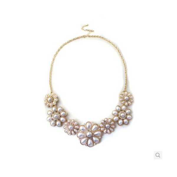 N-5054 Korea Style Gold Plated Chain Rhinestone Pearl White Flower Choker Necklace