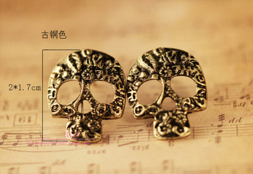 E-3231  Vintage Style Bronze Silver Metal Hollow Out Carving Flower Skull Ear Stud Earrings