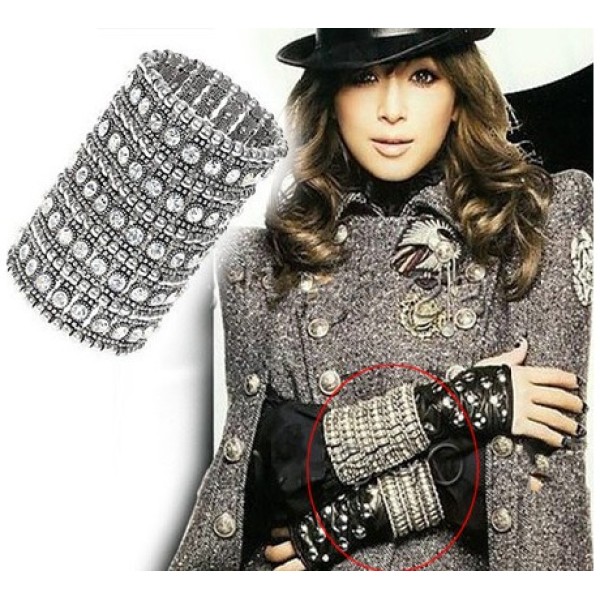 B-0397  Vintage Style Silver Golden Bohemian Crystal Wide Tribe Beads Carving Bangle Bracelet