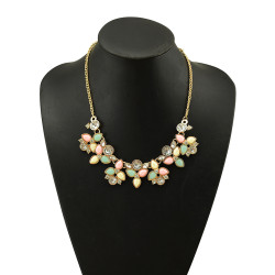 N-5079  Drop Resin Gem Clear Crystal Flower Shourouk Necklace Gold Plated Alloy