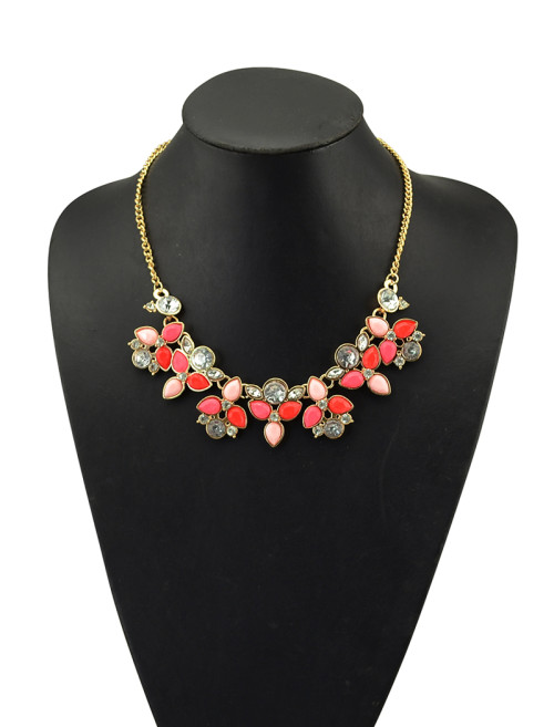 N-5079  Drop Resin Gem Clear Crystal Flower Shourouk Necklace Gold Plated Alloy
