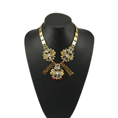 N-5074  European style gold plated square flat chain metal crystal rainbow drop flower leopard print three rows pendant necklace