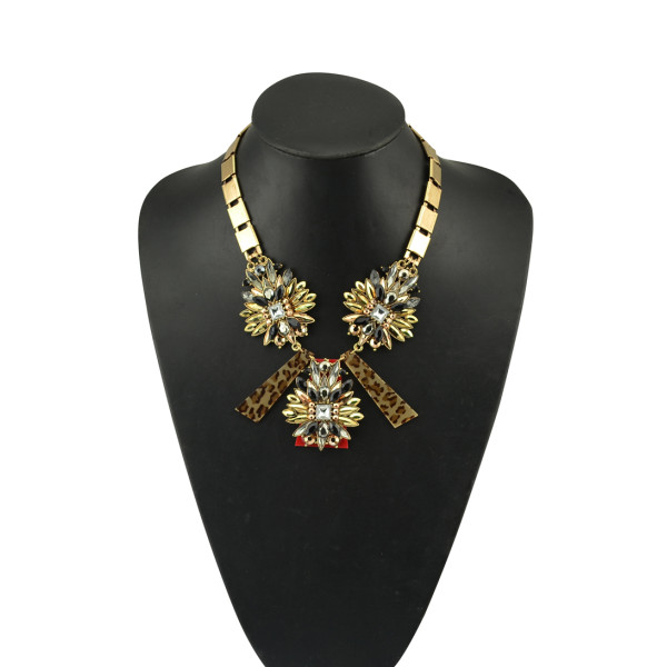N-5074  European style gold plated square flat chain metal crystal rainbow drop flower leopard print three rows pendant necklace
