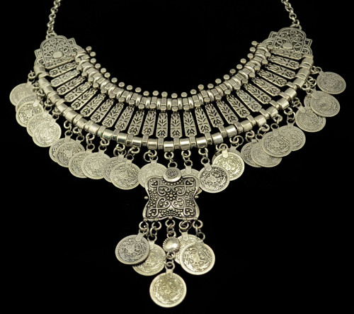 N-5063  Gypsy Bohemian Beachy Chic Statement Necklace, Boho Festival Silver, Fringe Bib, Coin, Ethnic, Turkish, India, Tribal,