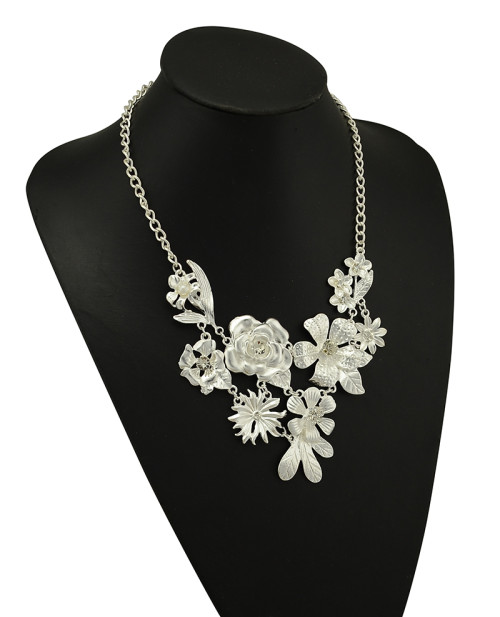 N-5089  New Fashion Style Silver Gold Plated Rhinestone Crystal Leaves Flower Statement Necklace