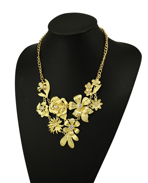 N-5089  New Fashion Style Silver Gold Plated Rhinestone Crystal Leaves Flower Statement Necklace