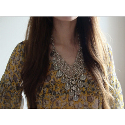 N-5070 Silver Coin Necklace Turkish Flower Chainmail Coin Collar Cleopatra Choker Kuchi Afghan Belly Dancer Tribal Chic Gypsy Boho coin