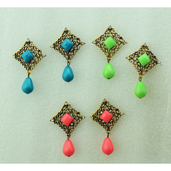 E-3248  Bohemian Style Vintage Bronze Alloy Hollow Out Carving Flower Resin Gem Drop Dangle Earrings