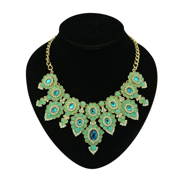 N-5109 New Arrived Golden Metal Blue Black Green Peach Resin Gem Crystal Shourouk Flower Choker Necklace