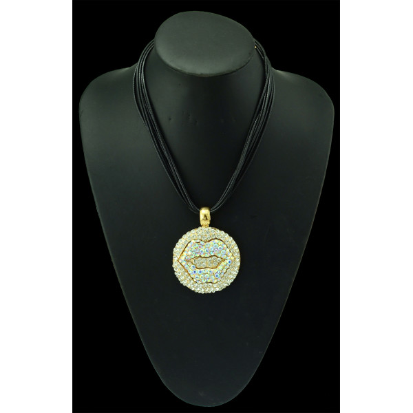 N-5113  New Arrival Black Chains Full Colorful Rhinestone Round Lip Pendant Necklace