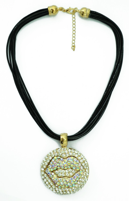 N-5113  New Arrival Black Chains Full Colorful Rhinestone Round Lip Pendant Necklace