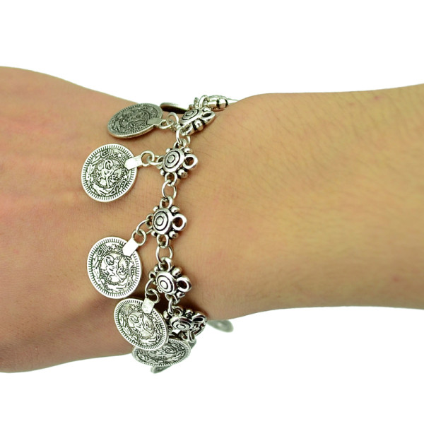 Flower Child Silver Coin Bracelet Adjustable Handmade floral design. Boho Gypsy Beachy Ethnic Tribal Festival Jewelry Turkish Bohemian