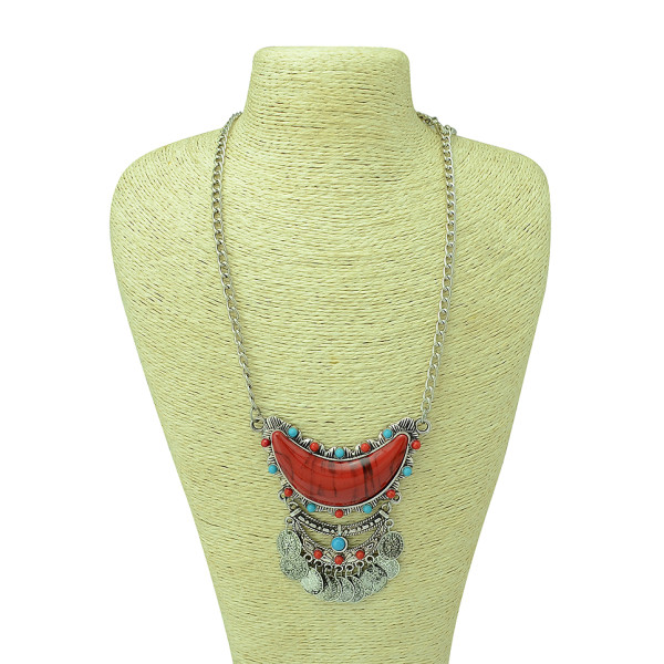 N-5128  Silver Turkish Bohemian Carving Moon Acrylic Coin Necklace Rhinestone floral design. Boho Gypsy Beachy Ethnic Tribal Festival Jewelry