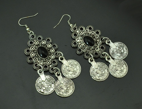 S-0100  Silver TURKISH Coin Earrings floral design. Boho Gypsy Beachy Ethnic Tribal Festival Jewelry Turkish Bohemian