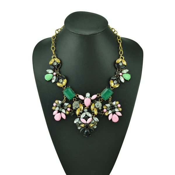 N-5125  Shourouk Choker Necklace Golden Metal Colorful Resin Gem Crystal Flower Best Gift