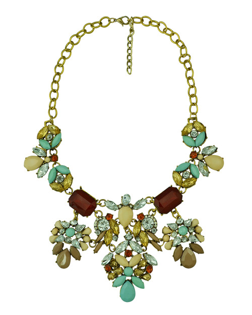 N-5125  Shourouk Choker Necklace Golden Metal Colorful Resin Gem Crystal Flower Best Gift